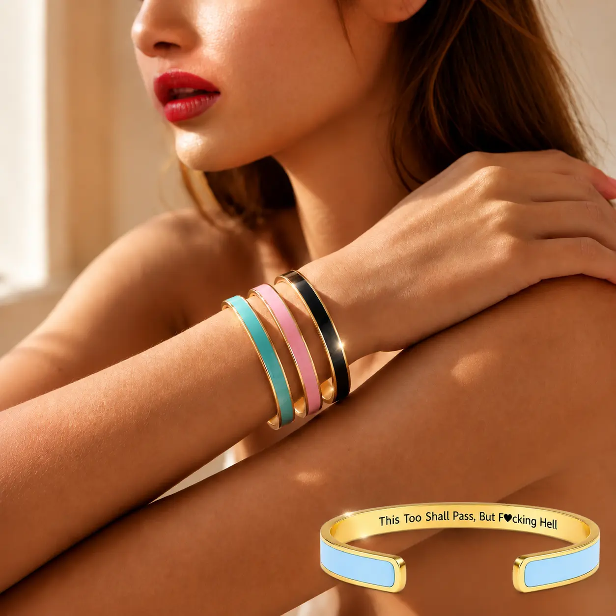 "This Too Shall Pass, But F*cking Hell" Engraved Colorful Metal Cuff Bracelet for Women, Inspirational Quote Open C Bangle, Funny Holiday Gift Jewelry-– Great for birthdays, Mother's Day, Christmas, Valentine's Day, and special occasions.
