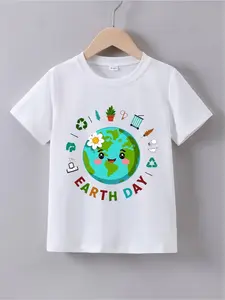 1Girls' Summer Comfortable Soft Crew Neck Short Sleeve Earth Day Buddy Print Casual T-Shirt - Ideal Gift for Kids' Birthday Parties, Celebrations, and Daily Wear, Stylish Short Sleeve