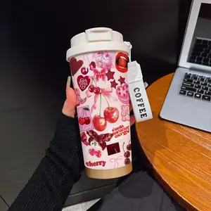Abstract Cherry Bow Texture Coffee Cup, Portable Dual Drink Insulated Stainless Tumbler, Keeps Warm/cold, Boho Style, Office, Travel, Outdoor Essential