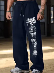 Men's Solid Drawstring Waist Knit Pajama Pants, Casual Comfy Pocket Design Fitted Skull Print Trousers for Spring & Fall, Men's Sleepwear for Indoor Wear
