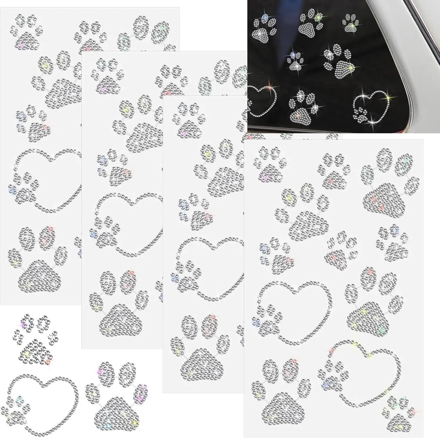 Multi-Color Rhinestone Car Stickers - 76 Pcs/4 Sticker Sheets, Self-Adhesive Silver Glitter Animal Theme Paw Print Alphabet Decals, Vehicle Exterior Decor for Automotive Crafts, Headphones, Vehicle Decor