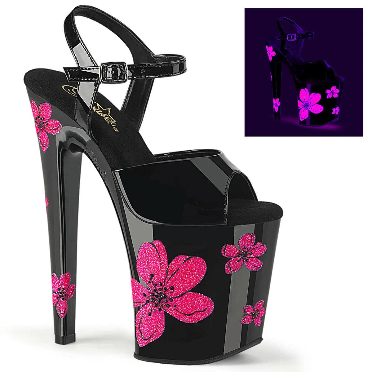 Pleaser Women's Fashion 8-Inch Platform Heeled High Heeled Shoes, Glossy Black Ankle Strap Buckle Sandals with UV Reactive Neon Pink Hibiscus Flowers, Evening Footwear, High-Impact Exotic Dance Looks, Elegant Party Footwear, Open Toed Sandals, Night Wear,