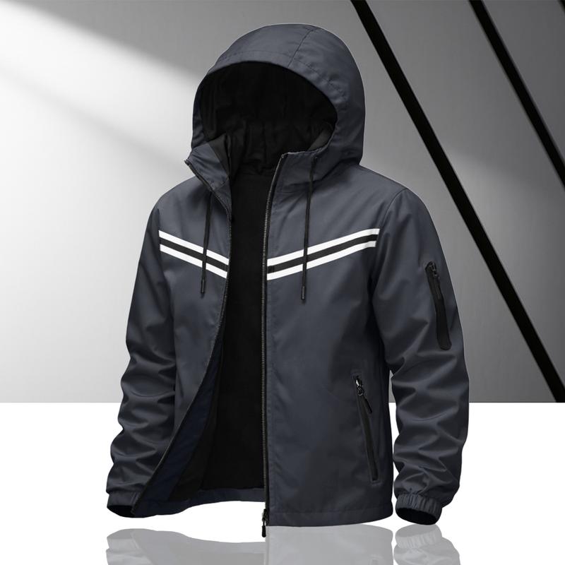 Men's double-strip reflective hooded racing jacket, light windproof fabric, zipper pocket, street function wind, daily commuting adaptation, trendy personality