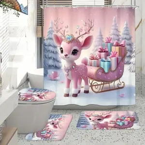 Christmas Cute Reindeer Sleigh Gift Design Shower Curtain Set, Non-Slip Mat, U-Shaped Rug, Toilet Lid Cover, Perfect Bathroom Decor, Bathroom Accessory