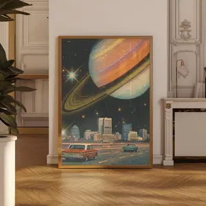 Retro Sci Fi City Poster, Saturn Over Skyline Night Drive Art Print, Vintage Space Wall Decor, Mid Century Cosmic Cityscape for Home Office