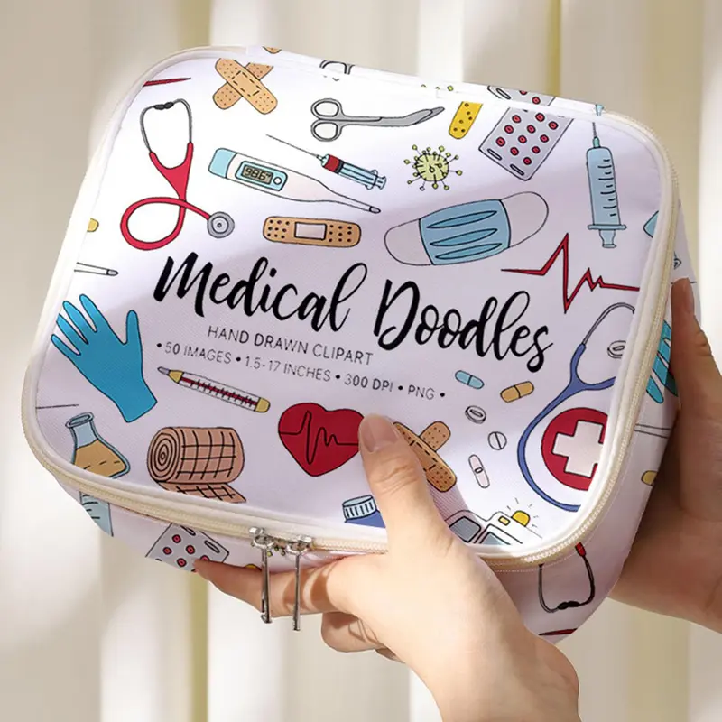 Medical Tool & Letters Print Makeup Bag, Large Capacity Cosmetics Storage Box, Portable Travel Cosmetics Storage Bag, Casual Fashion Storage Box with Zipper Closure, Makeup Organizer Pouch, Travel Cosmetic Bags, Beauty Storage Pouch