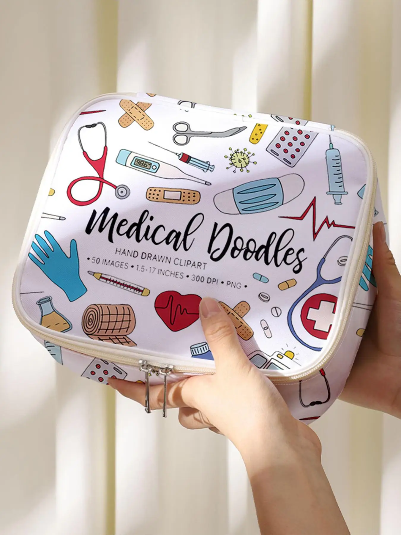 Medical Tool & Letters Print Makeup Bag, Large Capacity Cosmetics Storage Box, Portable Travel Cosmetics Storage Bag, Casual Fashion Storage Box with