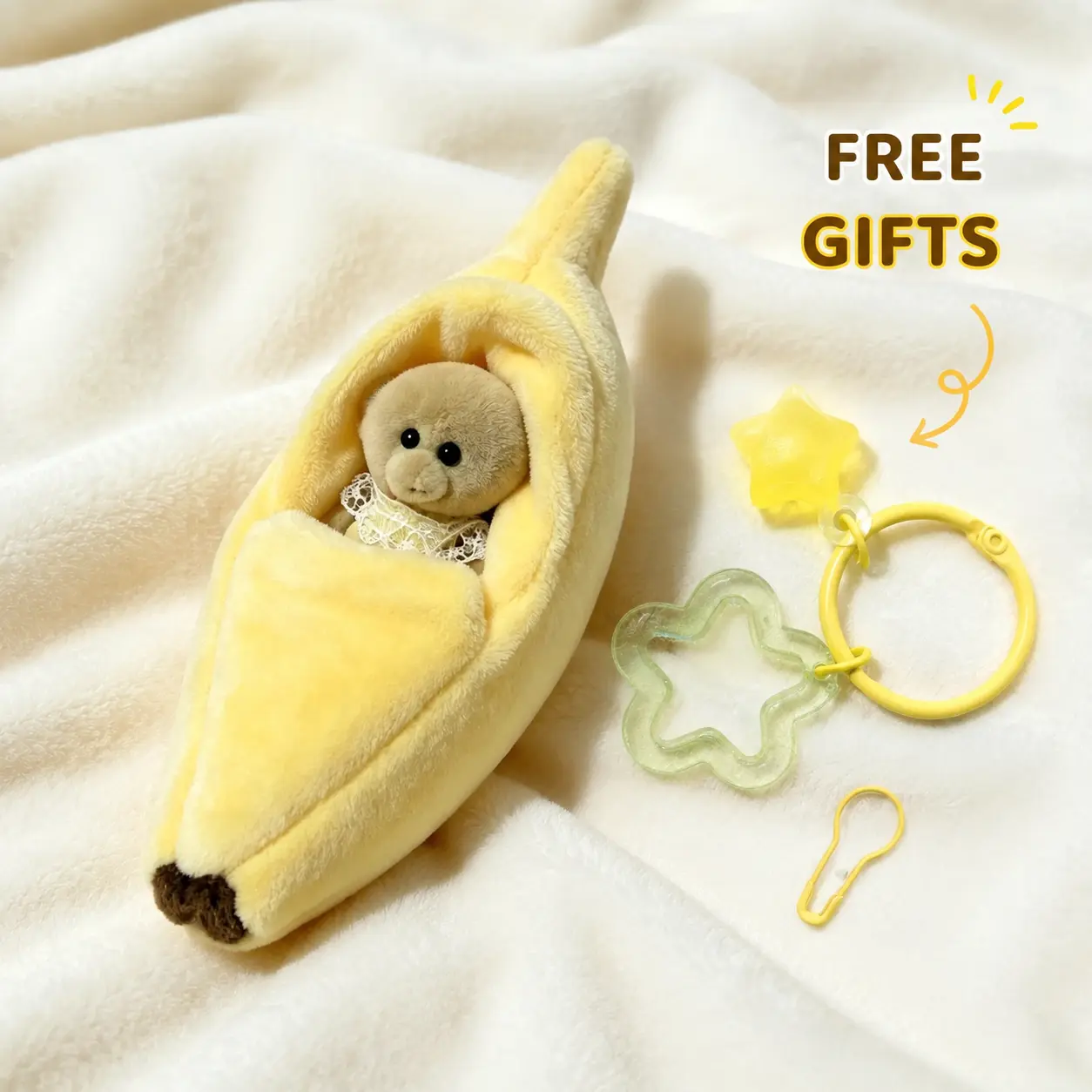 Monkey Shape Stuffed Plush Keychain Ornament Set - Keychain Accessories, Plush Character Figure Decor, Creative Little Monkey in Banana Bed, Birthday Gift for Friends, Plush Character Figure Keychains