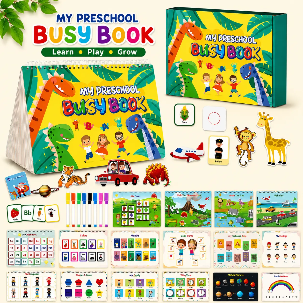 Montessori Busy Book for Toddlers, 32-Themed Preschool Learning Activity Book with Markers, Reusable DIY stickers, Autism Learning Materials for 1-5 Year Olds (Dotted notebook, Travel art and craft supplies, Tweezers, Tracing, Coloring)busy, book,Durable