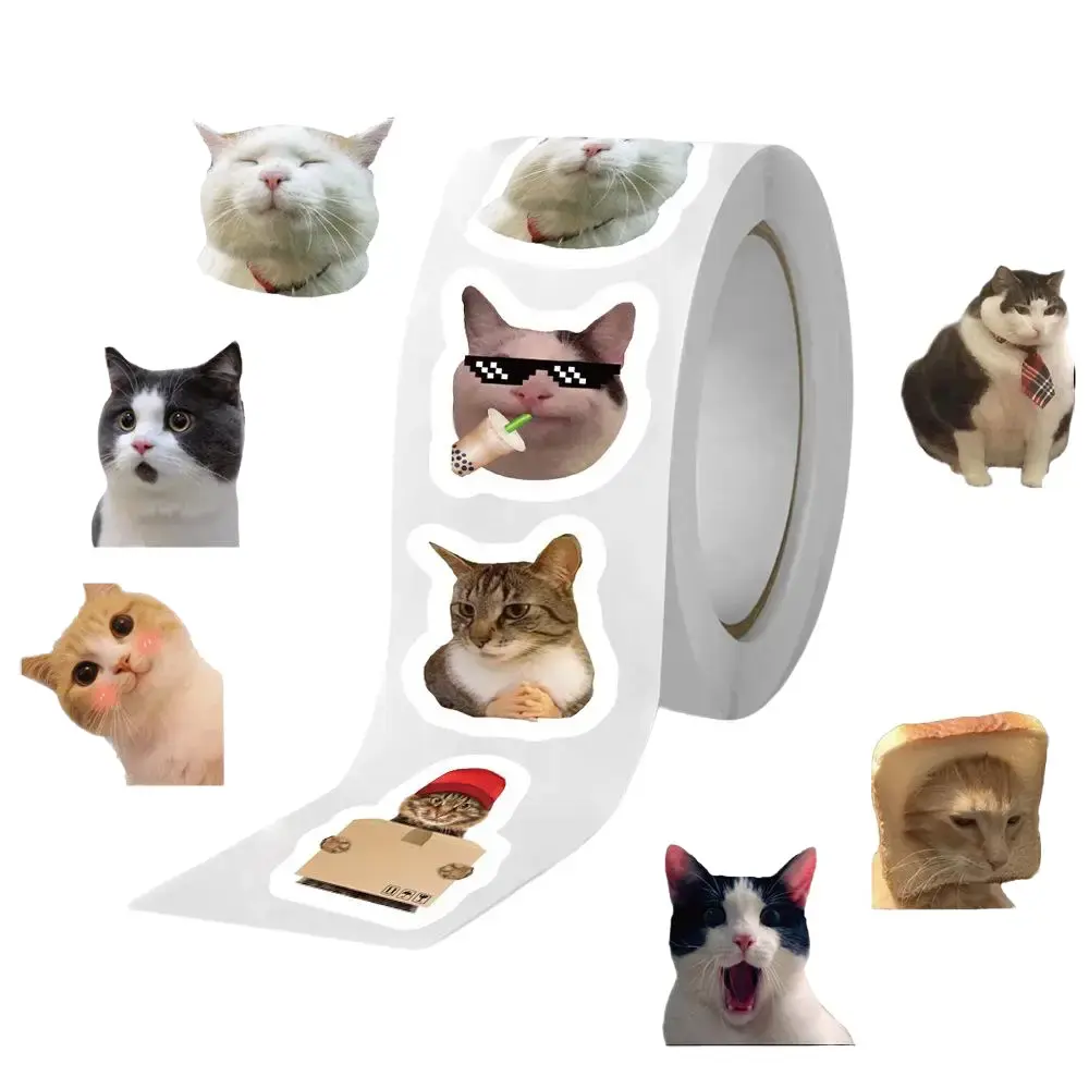 500-Piece Character Cat Sticker Roll 2-Roll Combo Set - 2.5x2.5cm Self-Adhesive Cute Cat Meme & Thank You Decals, 6.0cm Spool Base, Kids Reward Stickers for Craft Paper DIY Crafting, Scrapbooking Journal