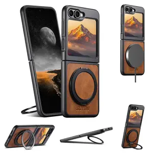 SUTENI Magnet Wireless Charging Phone Case Oil Wax Faux Leather 360° Rotating Stand Buckle For Samsung Galaxy Z Flip 7 6 5