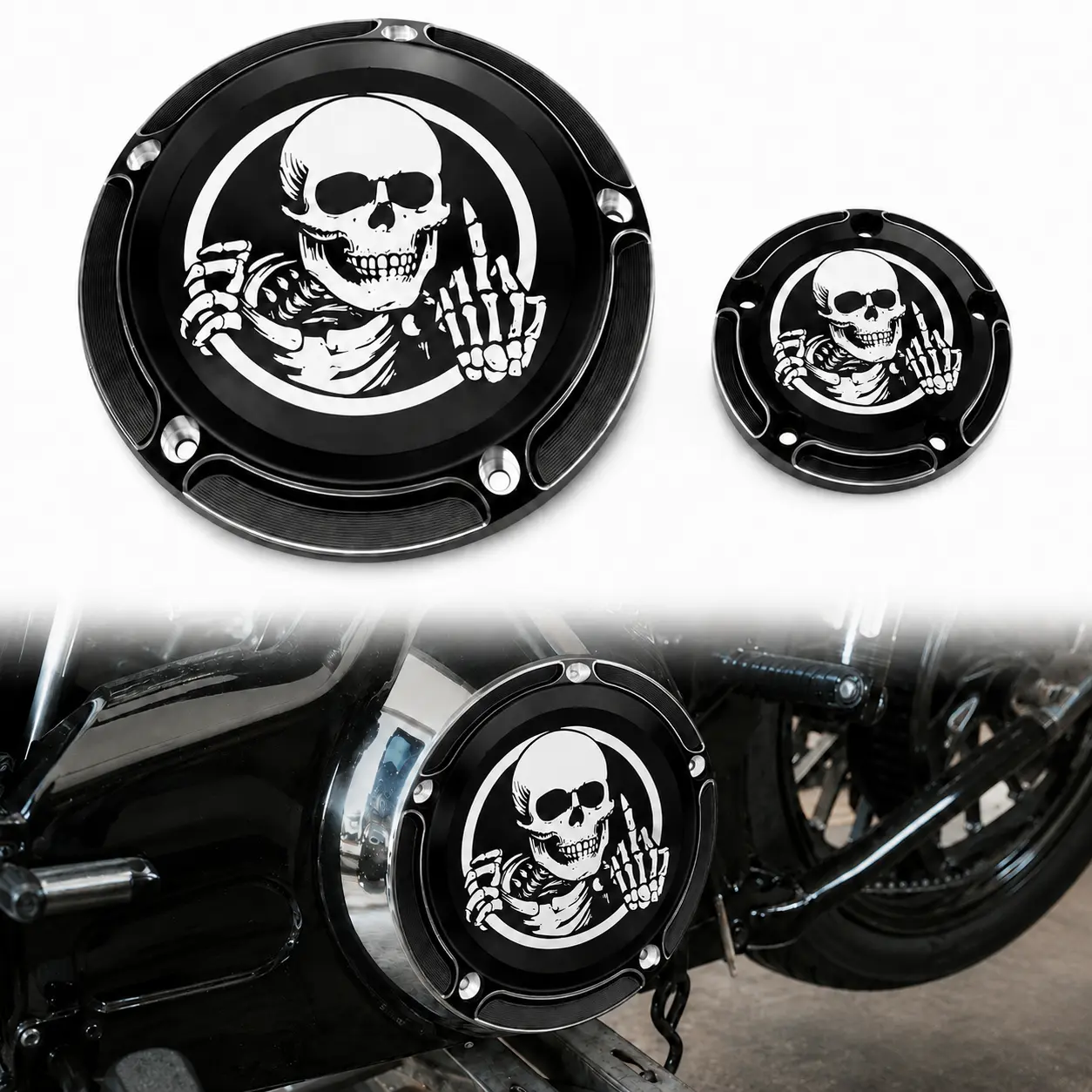 2-Piece Black Skull Derby and Timer Cover Set for Harley-Davidson Dyna 1999-2017 Softail 2000-2017 Touring Trike 1999-2015 Twin Cam, Street Bob Fat Boy Road King Road Glide Street Glide, Aluminum 5-Hole Derby Cover and Timing Cover Engine Accent Pair
