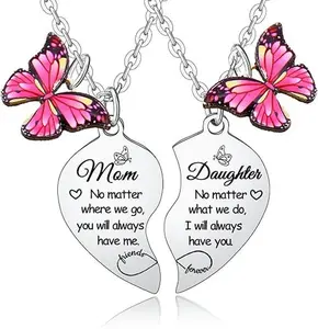 Mother's Day Gift 2PCs Mother Daughter Heart Matching Pendant Necklaces Set - I Love You Gifts for Mom & Daughter - Butterflies Stuff Jewelry
