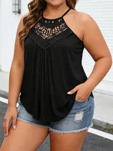 Plus Size Ruched Halter Top, Halter Neck, Lace Hook Design, Slimming Curve Enhancer, Summer Essential Fitted Casual Tank, Women's Fashion