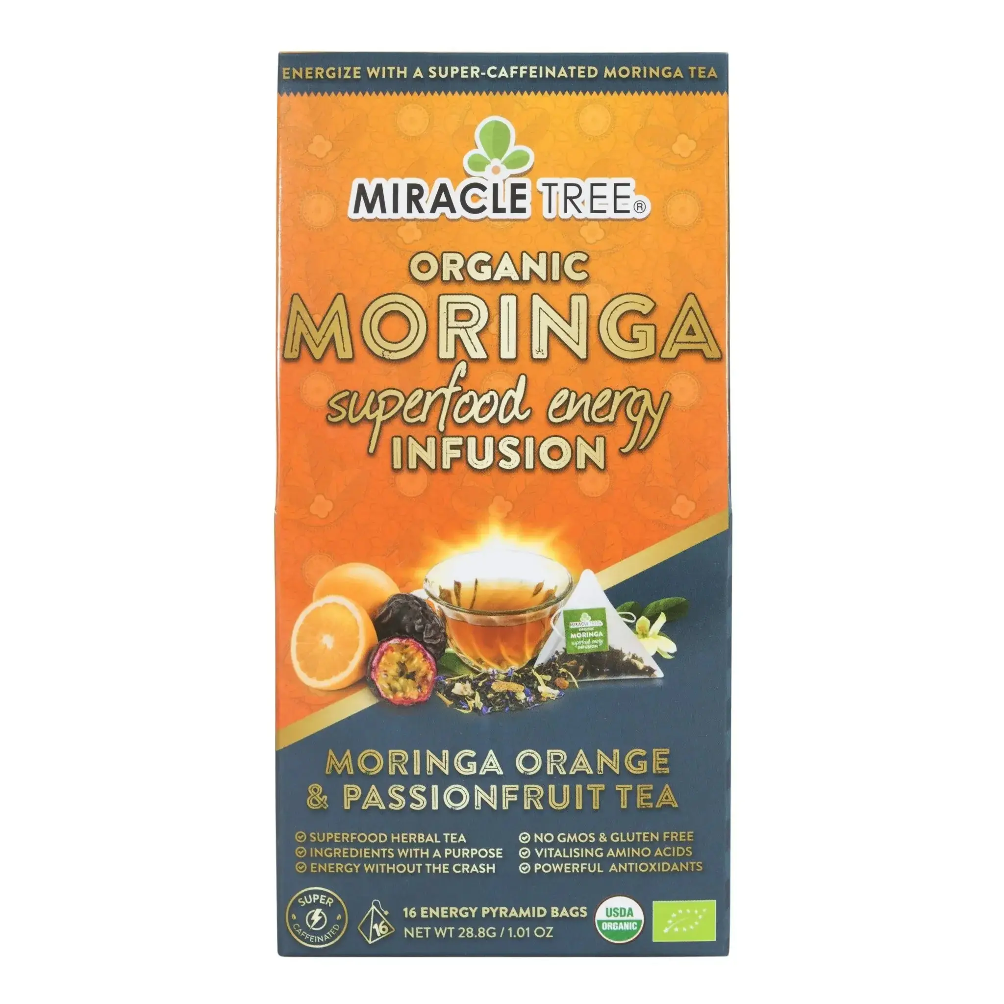 Miracle Tree Organic Moringa Energy Tea - Orange Passionfruit - 155mg Natural Caffeine - USDA Certified - Vegan & Gluten-Free - 16 Pyramid Sachets - Beverage, Herbal