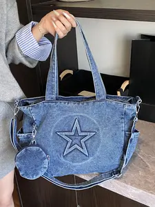 Denim bag, women's casual five pointed star class tote bag, simple and trendy single shoulder crossbody bag, large capacity underarm handbag, women's essential tool for class, commuting and shopping, can hold many things