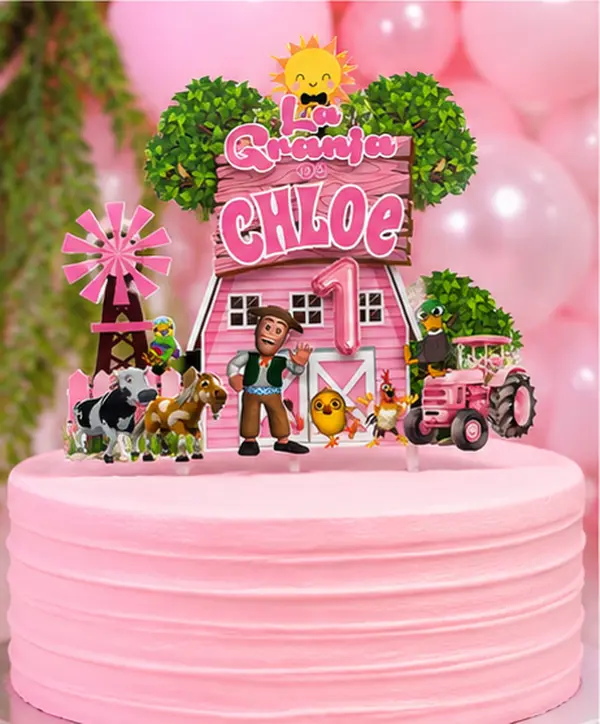 Pink Farm personalized Cake Topper – Custom Name | Farmer Birthday Decoration