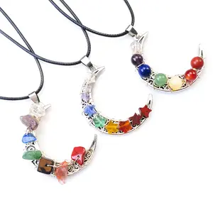 Crystal Stone Seven Chakras Moon Pentagram Necklace - Bohemia Pastoral Ethnic Retro Curling Pendant in Gravel Round Five-pointed Star Styles