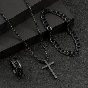 3pcs Set Men's Fashion Alloy Jewelry Cross Pendant Chain Necklace Bracelet Ring Jewelry Set Male Hip Hop Daily Wear Accessories