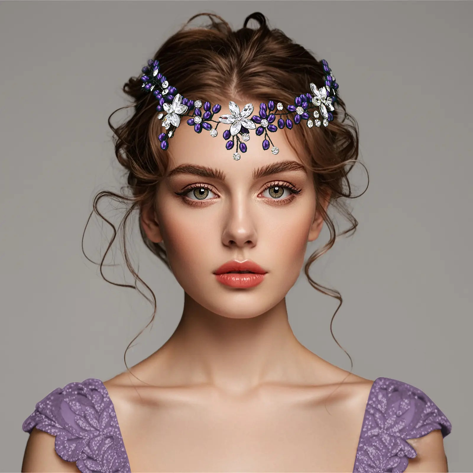 Purple Floral Crystal Bridal Hair Vine Headpiece – Handmade Rhinestone Hair Comb, Fairy-Inspired Wedding Hair Accessory for Bride, Bridesmaids, Prom & Special Occasions