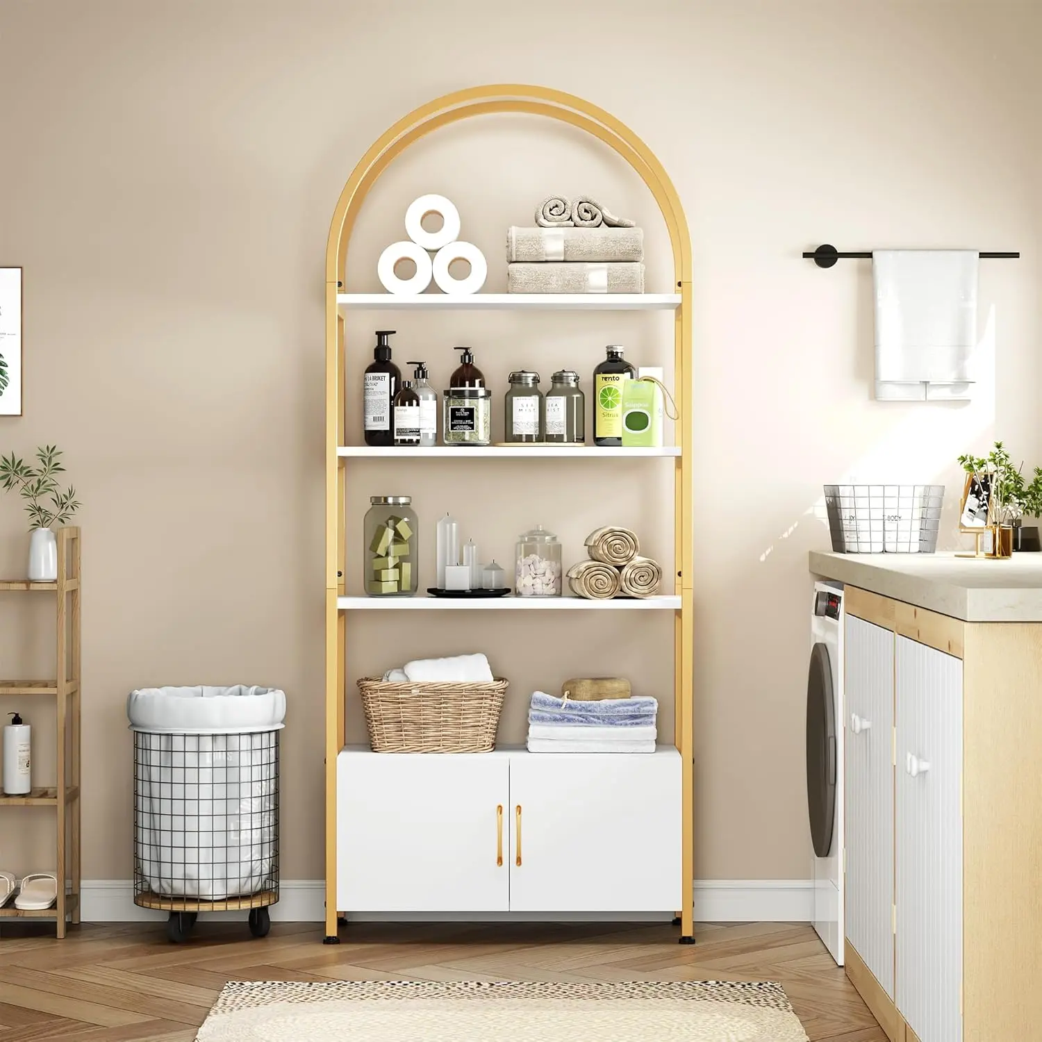 71.5-Inch Heavy Duty Curved Arch Top Industrial Metal Iron Bookshelf with Doors, Stable Frame, Quality Boards, Clean Lines, Contemporary Modern Design, Arch-Shaped Living Room Display Shelf Furniture (Gold, Requires Assembly), Arch-Shaped Living Room Furn