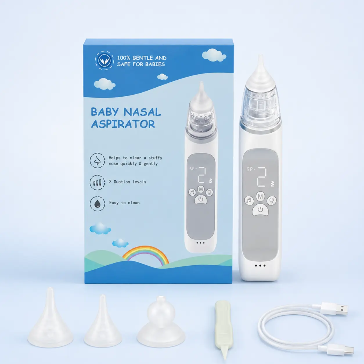 Momiie Baby Electric Nasal Aspirator - 68KPA Strong Suction Booger Sucker with LCD Screen, 3 BPA-Free Silicone Tips, Anti-Backflow Snot Vacuum for Newborns (abs-Enabled)