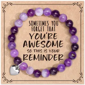 4PC "You’re Awesome" Natural Stone Heart Charm Inspirational Bracelets Set with Red Aventurine Cherry Blossom Stone Amazonite & Purple Agate for Daily Confidence Boost