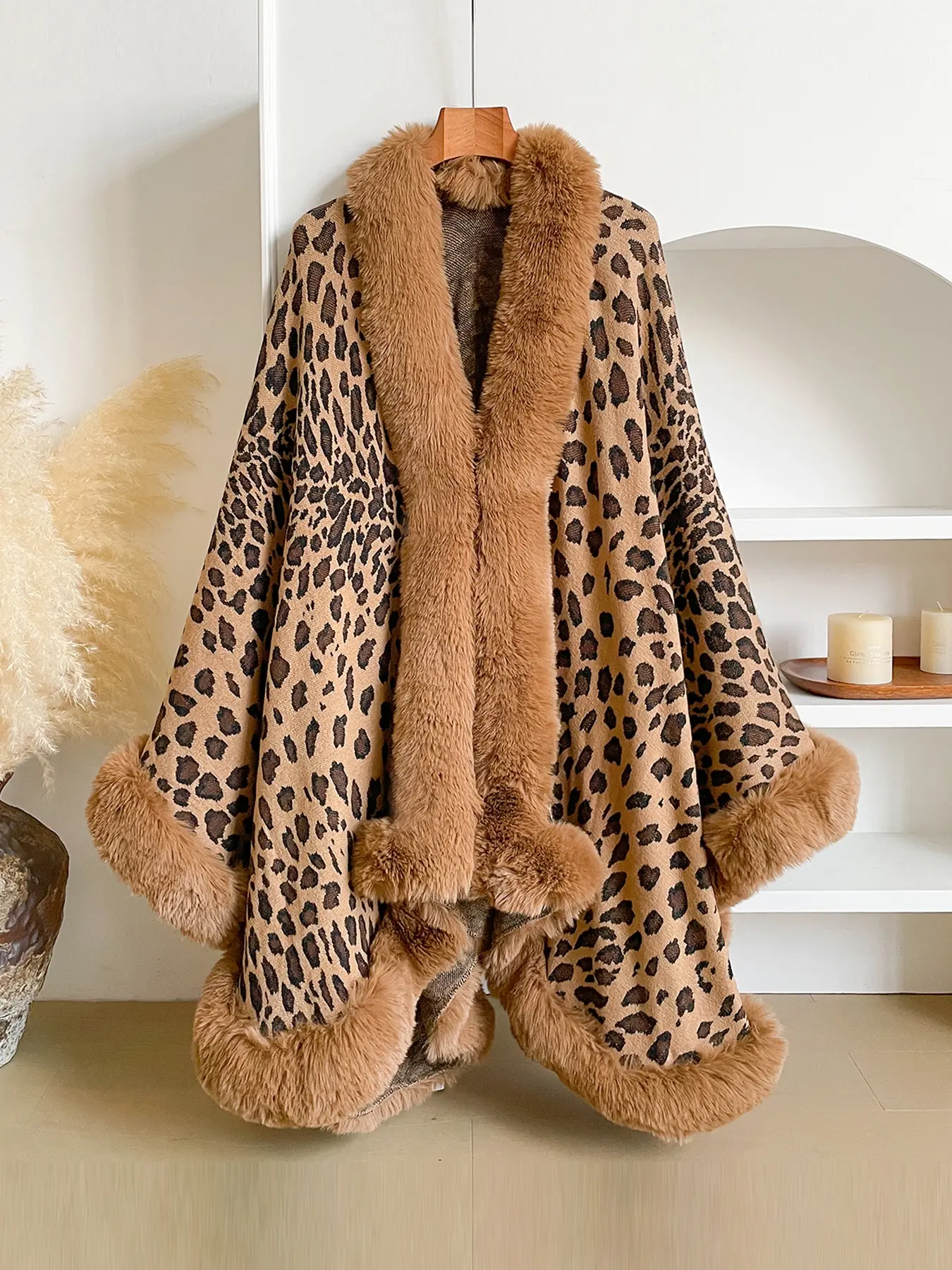 Women's Winter Warm Plush Hooded Cape, Leopard Print Casual Fashion Accessory, Elegant Daily Wear for Cold Weather Comfort
