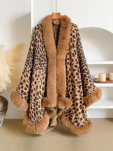 Women's Winter Warm Plush Hooded Cape, Leopard Print Casual Fashion Accessory, Elegant Daily Wear for Cold Weather Comfort