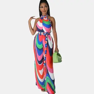 Clarissa Halter Neck Wide Led Jumpsuit-Red Combo