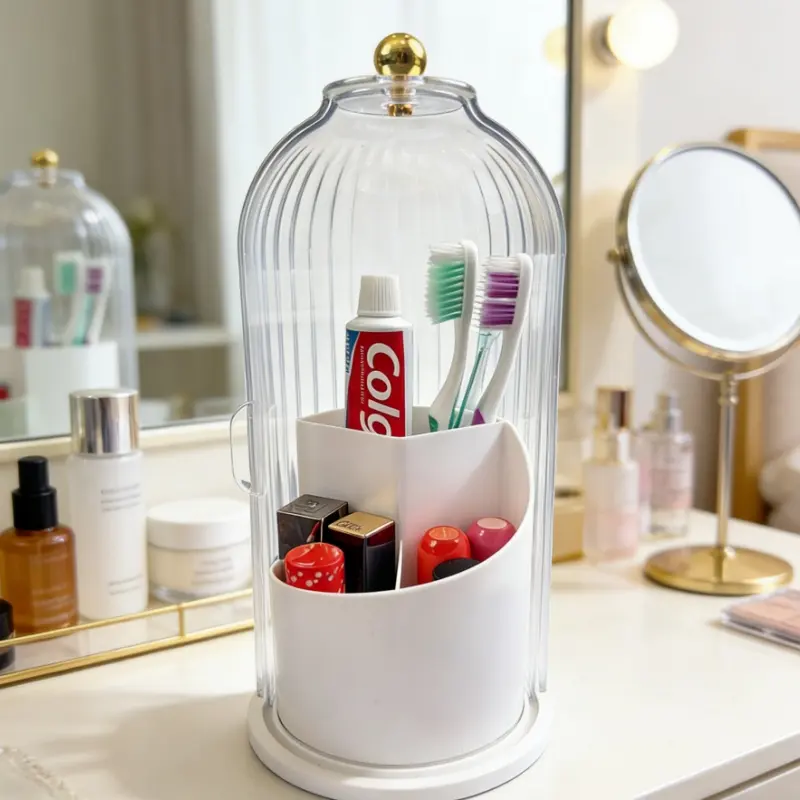 360° Rotating Makeup Organizer with Compartments – Dustproof & Waterproof Cosmetic Storage Rack for Skincare Perfume or Spice Jars, Premium Material Spinning Countertop Holder for Bathroom or Vanity