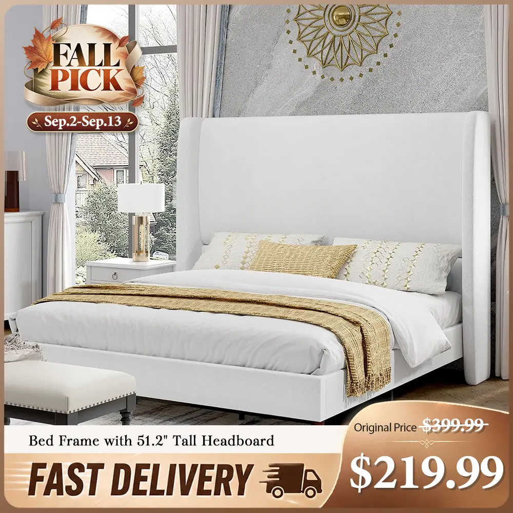 AMERLIFE Platform Bed Frame with 51.2" Tall Headboard, Upholstered Bed with Wingback/Solid Wood Legs/Durability&Silent/No Box Spring Required, Furniture/Full/Queen/King/Bed with Reinforced Structure&Complete Hardware Kit[tiktokshopbacktoschool][SohoChic]