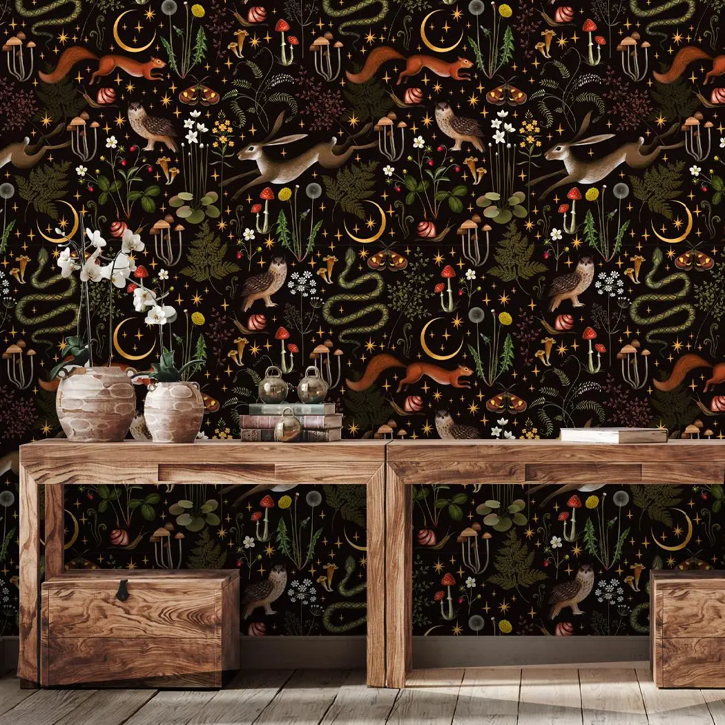 Modern Dark Forest Plant & Animal & Flower Pattern Wallpaper, 1 Count Decorative Self Adhesive Peel & Stick Waterproof Wallpaper, Living Room Interior Walls Home Wall Decoration Wallpaper, Decorative Vinyl Decal, Peel And Stick Wallpaper Designs