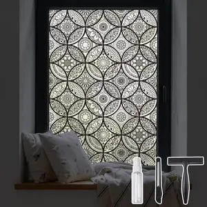 Boho Stained Glass Look Window Privacy Film with Installation Tools, Decorative Frosted Glass Window Film Static Cling No Glue Removable, Pure Black, 17.7" x 78.7"