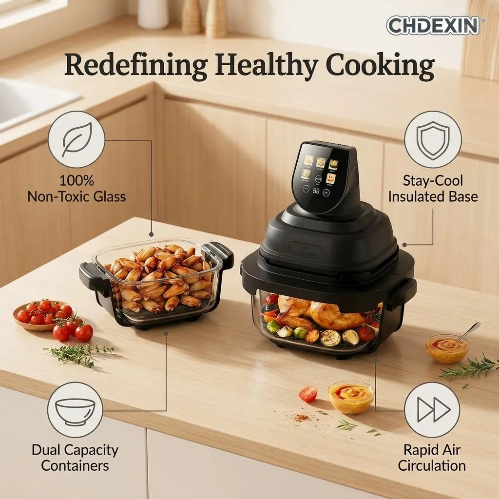 CHDEXIN| Clear Glass Air Fryer| 5 Cooking Modes, 90% Less Oil,  1500W Efficient, Dishwasher Clean, Great for Group or Solo Eating