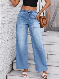 Women's Casual Wide-Leg Denim Jeans, Elastic Waist, Long Regular Fit, Comfortable Stretch Fabric, All-Season Fashion, Perfect for Outing and Commute