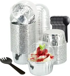 50 pieces with aluminum foil cupcake liners with dome lid, 5.5oz large muffin cups, disposable muffin cans, aluminum foil Ramikins fryer cupcake packaging rack, cupcake baking cups - silver