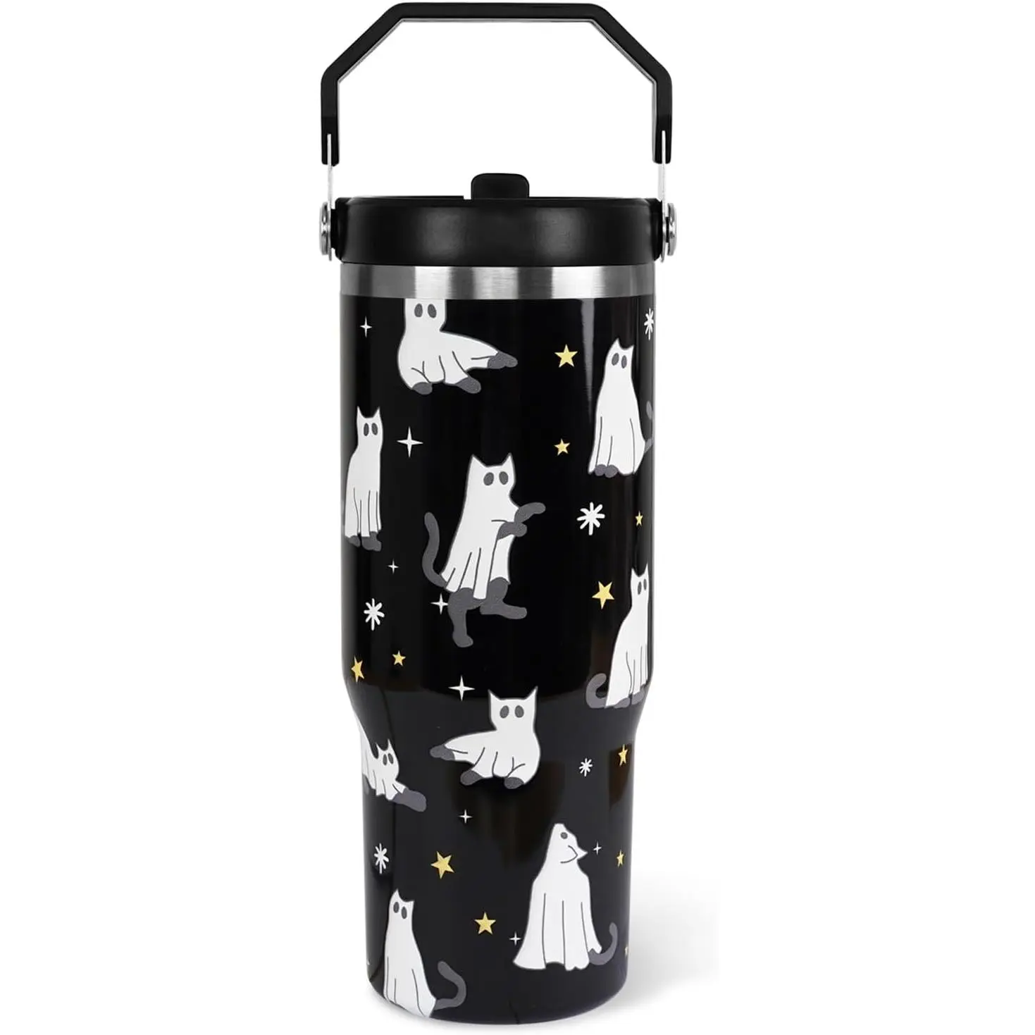 30oz Stainless Steel Gothic Cute Halloween Tumbler Water Bottle - Glass Lid, Straw, Double-Wall Thermal Vacuum Insulation, Leak-Proof, Portable Reusable Drinkware - Ghost Cat Design - Ideal Women's Birthday Gift, Kitchenware Accessory, Water Bottles