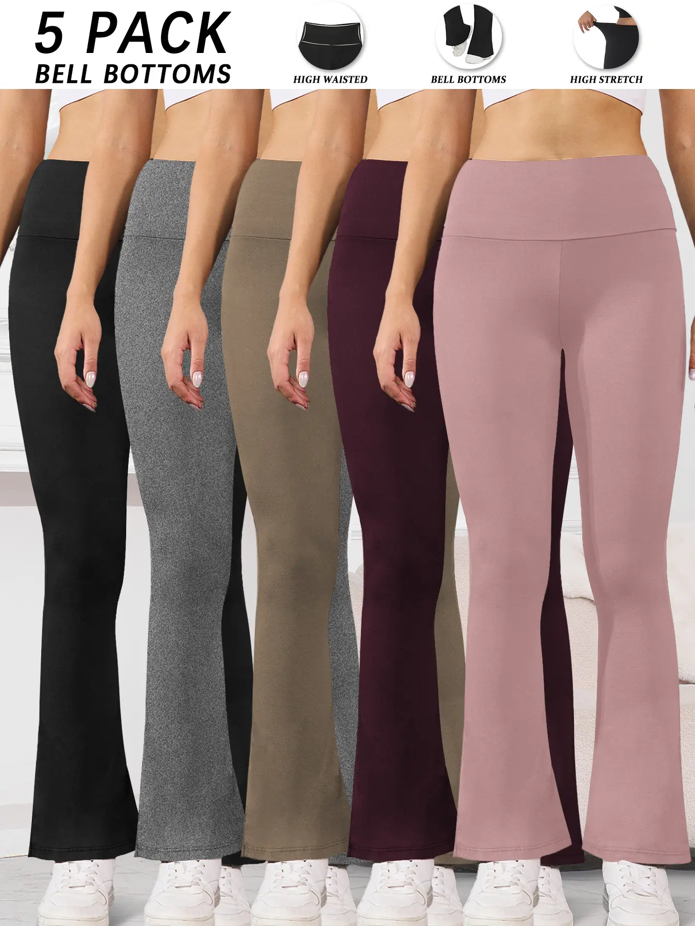 Women's 5-Pack Super Soft High Waist Flare Leggings - Abdominal Control, Non-See-Through Shapewear for Yoga, Running - Body Slimming High Waist Leggings #MothersDayGift