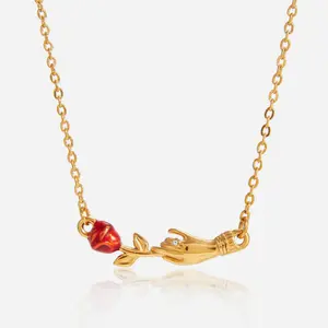 [FLAME] Women's Gold Necklace with Red Rose, Romantic Love Pendant with Small Zircon, Elegant Enamel Chain, Perfect Gift for Female Friends on Valentine's Day