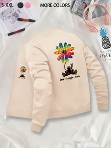 Casual-Style Unisex Peace Sign, Flower & Frog Printed Zipper Jacket: Daily Casual Outerwear, Solid Color, Comfortable & Fashionable Fall/Winter Coat