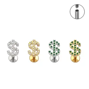Lightweight G23 Titanium Dollar Sign Zircon Piercing Studs - Ideal for Lip and Ear Piercings, 100% Brand New & High Quality, Implant-Grade Material