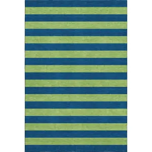 360 stand 5x8 ft. Navy Blue & Green Striped Polyester Fiber Transitional Flat Pile Area Rug, Machine-Made, Washable, UV Protected, Rectangle Shape