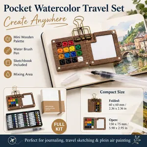 Mini Watercolor Travel Paint Set, Portable Wooden Pocket Palette Kit with Vibrant Colors, Sketchbook, Binder Clips & Water Brush Pen, Compact Travel Art Supplies for Plein Air Painting, Journaling, Students, Beginners & Artists