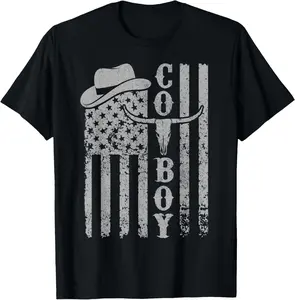 Western Country Men Rodeo Southern Retro Cowboy Summer Shortsleeve Cotton T-Shirt