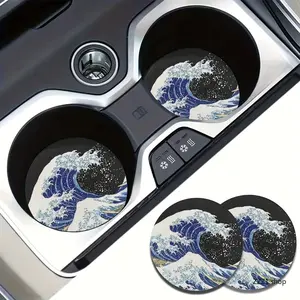 2Pcs Great Wave Car Cup Coaster Absorbent Ceramic Cup Holder Mat Japanese Art Aesthetic Car Gadget Travel Road Trip Birthday Gift Idea