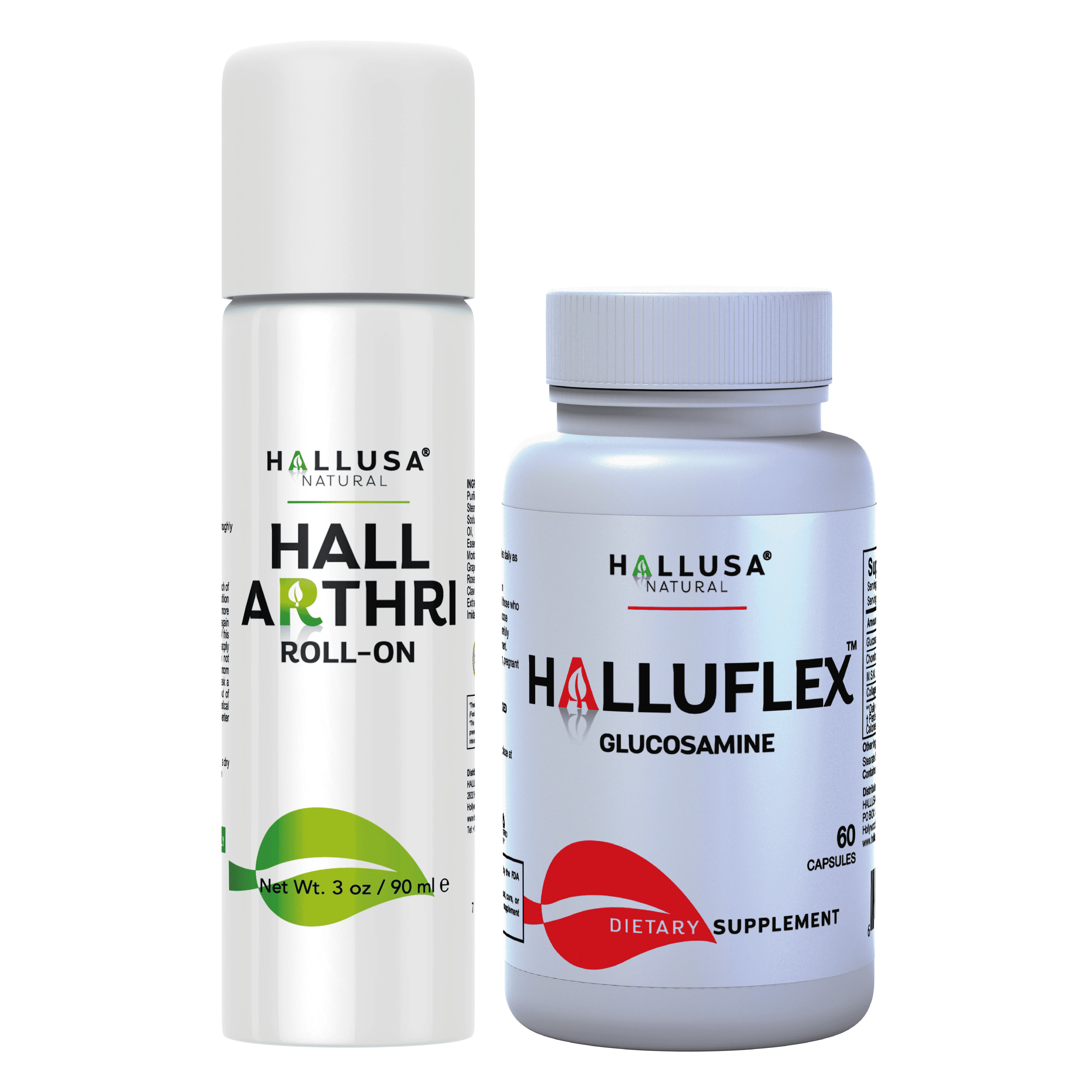 Halluflex Glucosamine 1500 mg 60 cap & HALLARTHRI Rollon - Supplement Joint Chondroitin Collagen & Peppermint Camphor Arnica for 90m - HALLUSA NATURAL