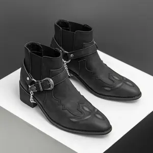 Men's Chelsea boots, with embroidered and patchwork design, western cowboy boots, high-heeled and high-calf ankle boots, pointed-toe slip-resistant walking shoes.