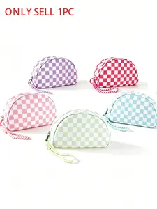Checkered Shell Cosmetic Bag with Woven Wrist Strap, Multiple Color Options, Portable Cosmetic Bag, Cosmetic Travel Bags, Small Travel Toiletries Organizer for Women, 1 Piece Only