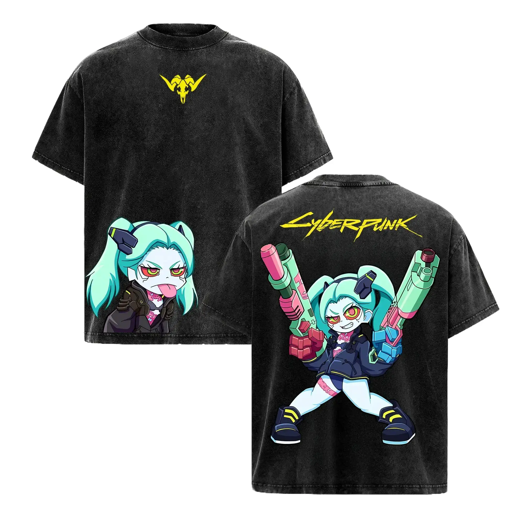 Men's Short-Sleeve Cotton Retro Limited Vintage Edgerunners Rebecca T-Shirt - Acid Washed, Lightweight, Unisex, Cyberpunk, Lucy, Neoncore Clothes, Edge Runner Shirt